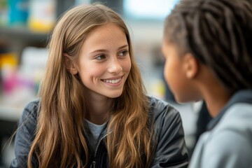 Teacher listening to a schoolgirl in the classroom during a science lesson, highlighting the interaction between educators and students in hands-on learning, Generative AI