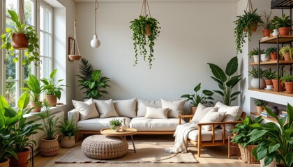 cozy interior with hanging ferns soft cushions neutral colors natural wood accents and plants on every surface for lush ambiance no punctuation or special symbols used
