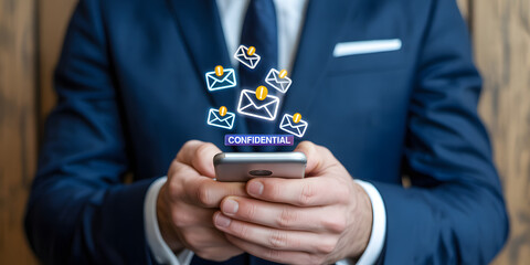 Businessman receives confidential messages on smartphone, conveying secure digital communication and data privacy concerns.