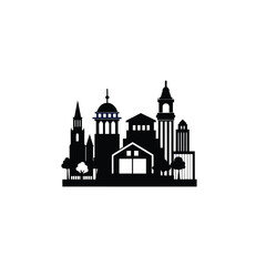 A stylized silhouette of a city skyline featuring various buildings, including a church steeple, dome, and modern skyscrapers, set against a white background.