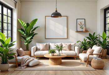 earth tone living space with indoor trees soft cushions light woods and plant filled corners to create a lush welcoming vibe no punctuation marks or special characters used