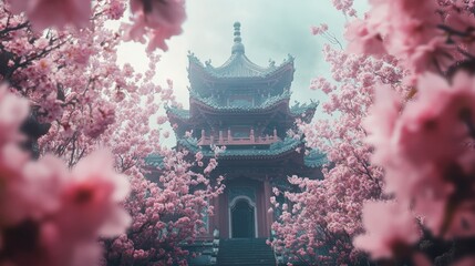 Serene Temple Surrounded by Blossoming Cherry Trees