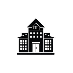 A flat design illustration of a multi-story building with a pitched roof and prominent double doors.