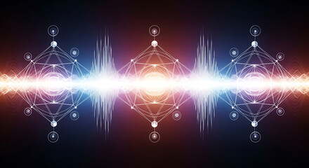 Symmetrical Metatron's Cube sacred geometry design with a central glowing light and energy wave.