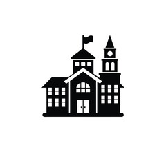 A black and white graphic illustration of a traditional school building featuring a clock tower, a flag on a steeple, and multiple windows.