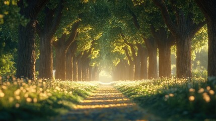 Serene tree-lined pathway with sunlight filtering through