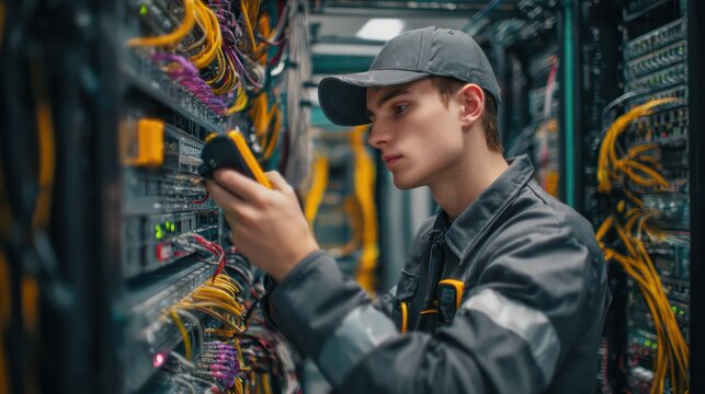 A technical specialist in glasses stands confidently before a server rack, representing expertise in technology.