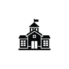 A stylized black and white icon depicting a school building with a central tower, a flag, windows, and double doors.