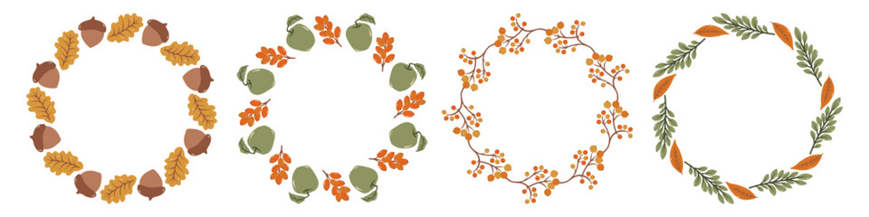 Set of four round autumn wreaths made of seasonal leaves in yellow, red, beige, and green tones arranged in botanical circular frames on white background.