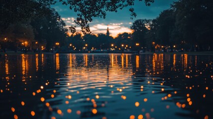 Serene twilight over a lake with glowing reflections