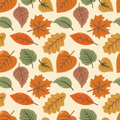 Seamless pattern with colorful autumn leaves, berries. Vector background for Thanksgiving Day.