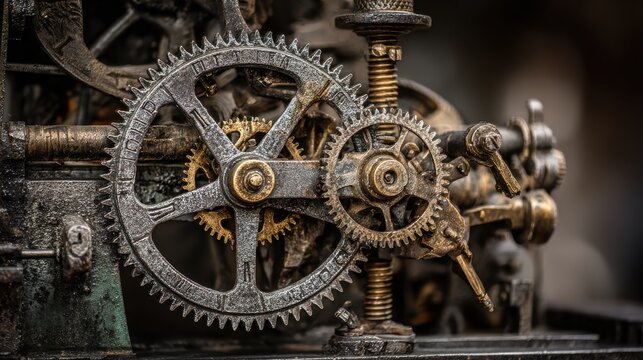 Brass gears in intricate motion with oiled metal details, conveying Victorian workshop vibe for antique machinery illustrations or retro design projects.