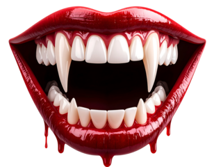 Vampire fangs mouth with dripping blood isolated on transparent background