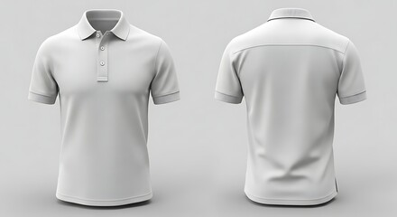 Men's classic white short-sleeve polo shirt mockup. Front and back view isolated on a gray background for apparel branding.