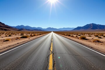 desert road showing dry cracked asphalt under intense heat and solar radiation leading to material fatigue and surface damage no punctuation marks or special characters