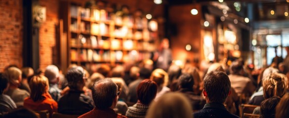 The audience engaged at a cozy bookstore event filled with excitement.