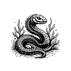 Intricate black and white drawing of a coiled snake amidst vegetation creates a captivating illustration