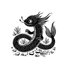 Mystical sea serpent illustration with intricate scales and a charming expression in black and white artwork