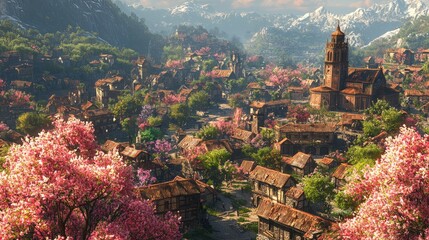 Serene village in spring with blooming cherry trees