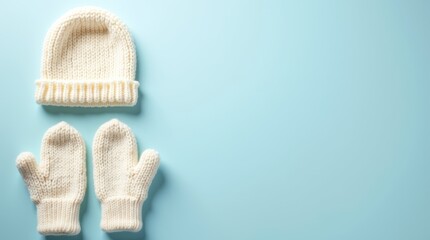 Flat lay of white knitted mittens, scarf and hat on light blue background, winter accessories set, copy space
