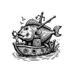 Whimsical aquatic adventure a unique illustration of a fish piloting a boat across the water playfully