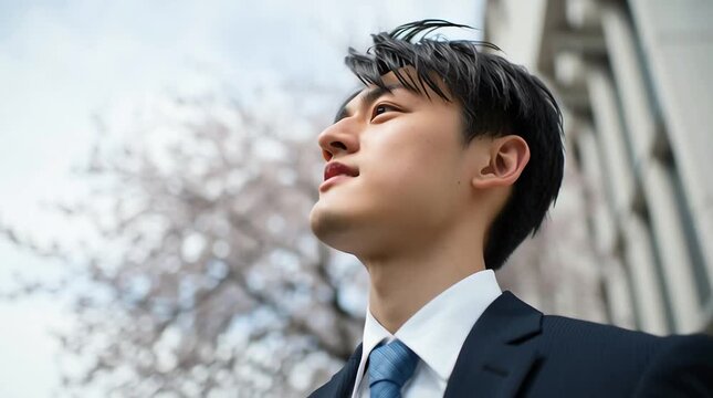 現代的なオフィスビル前に立つ新卒の日本人ビジネスパーソンの春の門出を捉えた映像｜就活,新社会人,桜,希望,スーツ,ブリーフケース

