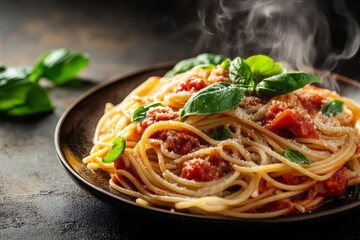 Fototapeta premium A steaming plate of spaghetti is served with rich tomato sauce and fresh basil leaves, set against a dark rustic kitchen background, creating a warm and inviting atmosphere