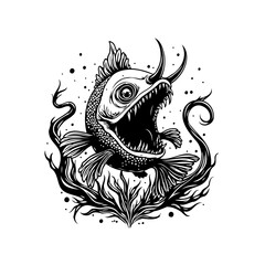 Intricate black and white illustration of a fantastical fish creature lurking beneath the weeds in depth