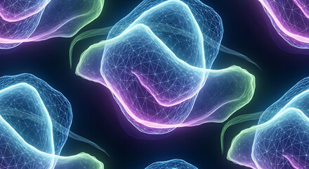 Abstract glowing blue and purple organic shapes with a digital wireframe network pattern.