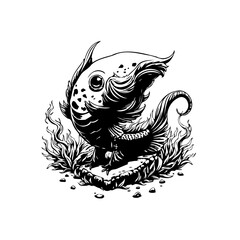 Whimsical monochrome fish illustration amidst stylized seaweed a captivating aquatic art with unique aesthetic appeal