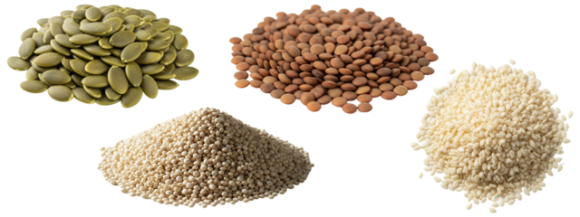 A collection of different seeds, legumes, and grains, including pumpkin seeds, lentils, quinoa, and sesame seeds