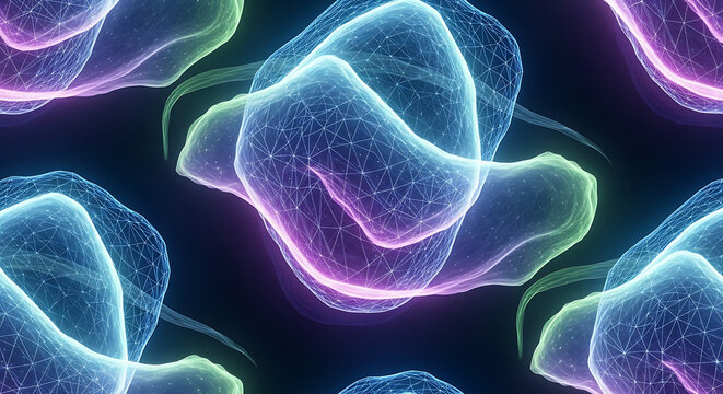 Abstract glowing blue and purple organic shapes with a digital wireframe network pattern.