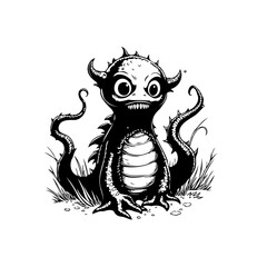 A whimsical creature emerges from the shadows with mischievous horns and spiky tail illustration