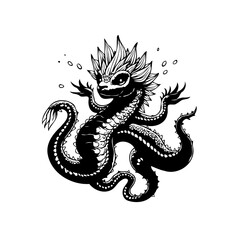 Whimsical sea serpent illustration in black and white fantasy creature cartoon vector drawing