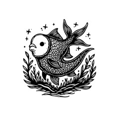 Stylized fish illustration with whimsical stars and foliage creates a magical aquatic atmosphere in monochrome style