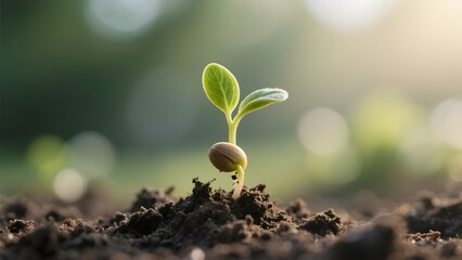 A young plant sprouting from the soil with a seed still attached, set against a soft, natural background.