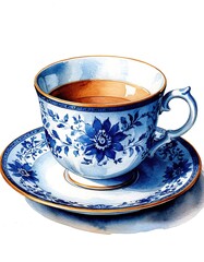 Tea cups with saucers of watercolor illustration. Vintage porcelain.