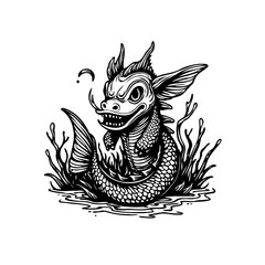 Obraz premium Mystical creature emerges from water a captivating artwork featuring mythical dragon illustration drawing, sea serpent black and white