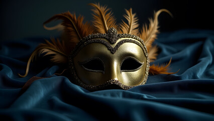 Elegant Venetian Masquerade Mask with Feathers on Dark Silk