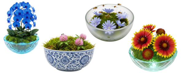 Collection of different flowers including orchids, chicory, and clover arranged in various bowls
