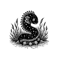 Whimsical sea monster in a playful cartoon style illustration evoking childlike wonder and imagination and joy