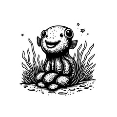 Charming underwater creature illustration featuring a delightful sea animal surrounded by seaweed and twinkling stars capturing fantasy