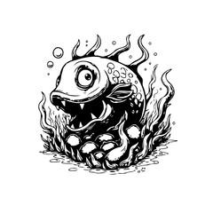 Cartoonish aquatic monster illustration with sharp teeth lurking beneath stylized waves and rock composition drawing