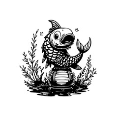 Illustration of a surprised fish on a platform surrounded by plants and liquid, artistic design