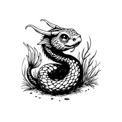 Enchanting whimsical black and white baby dragon illustration amidst stylized foliage captivating line art drawing