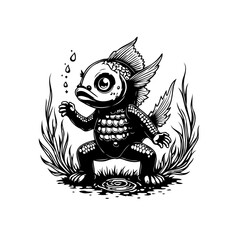 Whimsical underwater world a captivating black and white vector illustration featuring a charming fish creature