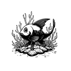 Stylized aquatic fauna illustration of a fish swimming gracefully around coral reef ecosystem monochrome