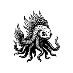 Unusual sea creature art showing a fish like head and octopus tentacles illustration drawing graphic design