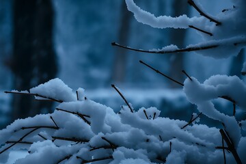 Obraz premium Snow-Covered Branches at Twilight – Serene Winter Close-Up with Blue Tones