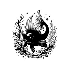Whimsical Underwater World: Black and White Fish Surrounded by Aquatic Plants and Bubbles, Illustration